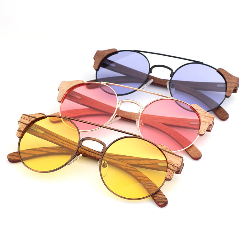 Bamboo Custom Retro Round Frame Sunglasses - - sunglasses