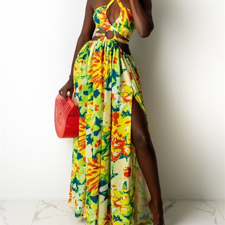 Sleeveless Print Halter Dress for Women - - dress