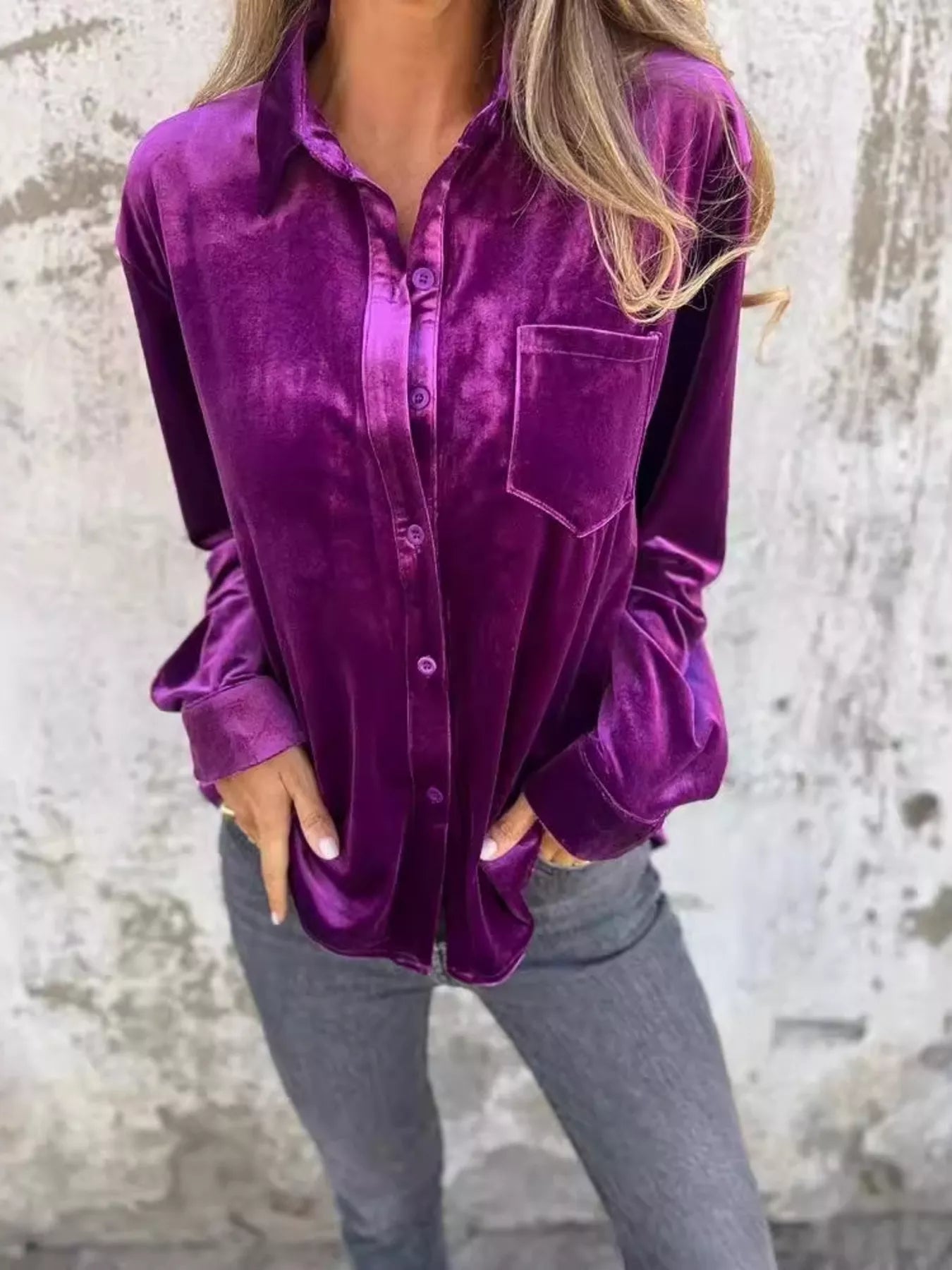 Full Size Velvet Button-Up Long Sleeve Shirt Plus Size - -