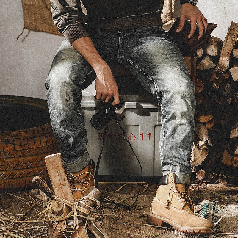 Vintage Distressed Slim Fit Denim Jeans - - jeans