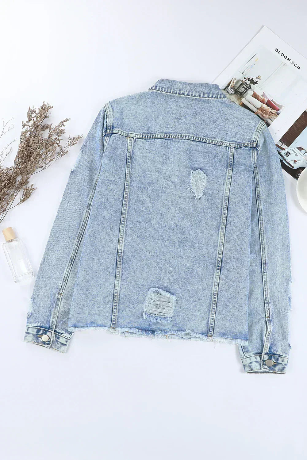 Light Blue Distressed Denim Jacket with Raw Hem – Femstylo- Femstylo- {{Product type}}