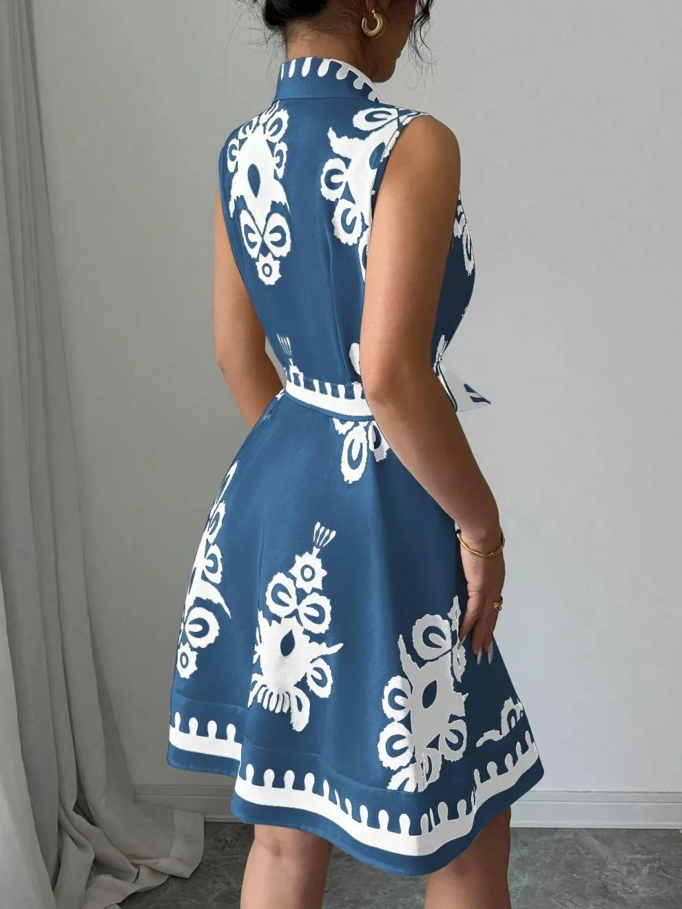 Printed Sleeveless Button Front Dress - -