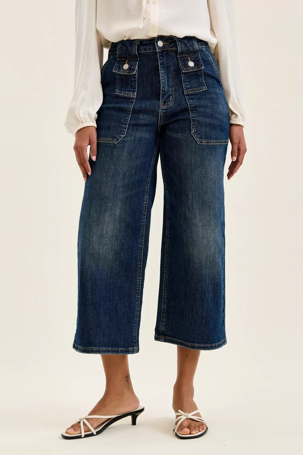 Judy Blue High Waist Wide Crop Utility Jeans with Patch Pocket - DK - jeans
