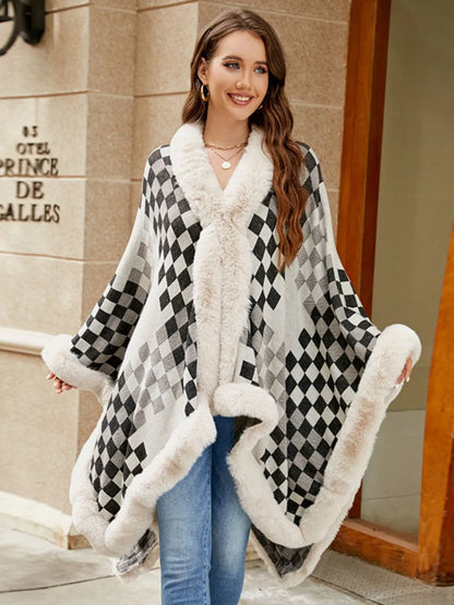 Fuzzy Checkered Long Sleeve Poncho - -