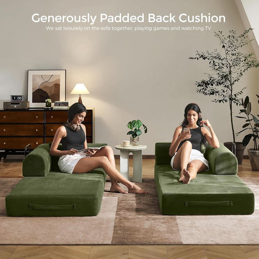 Green Convertible Sofa Bed With Removable Armrests - - couch