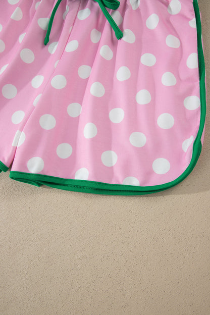 Pink Polka Dot Contrast Edge Casual Short Set - - Two Piece Sets/Short Sets