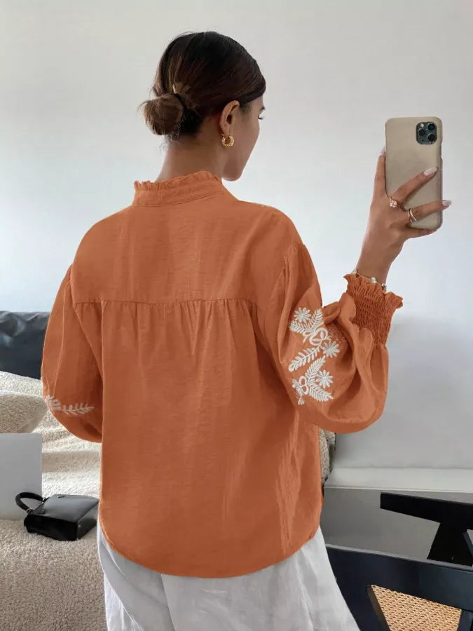 Embroidered Notched Long Sleeve Blouse - -