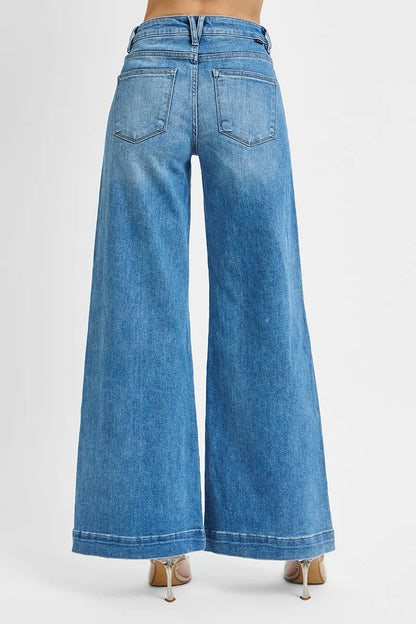 RISEN Light Blue Mid Rise Wide Front Patch Pocket Denim Jeans - - jeans