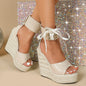 Straw Simple High Heel Platform Shoes Wedge Waterproof Trolley Model Sandals - Beige - 0