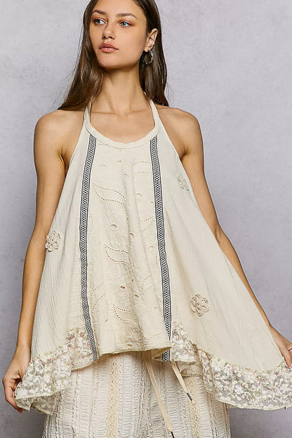 Lace Ruffle Halter Neck Double Gauze Top with Crochet Patch - - Top