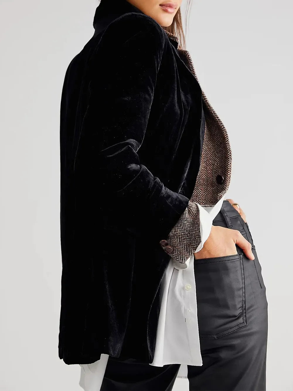 Lapel Collar Long Sleeve Blazer with Pockets - -
