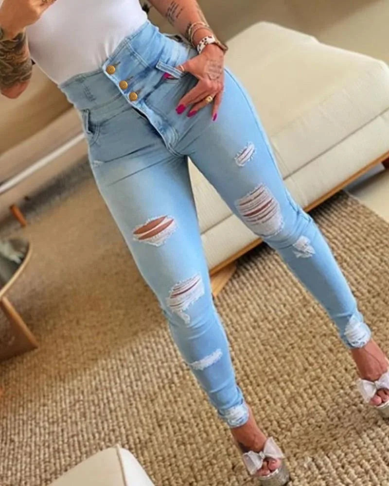 Ripped Jeans High Waist Casual Long Pant Denim Jeans for Women