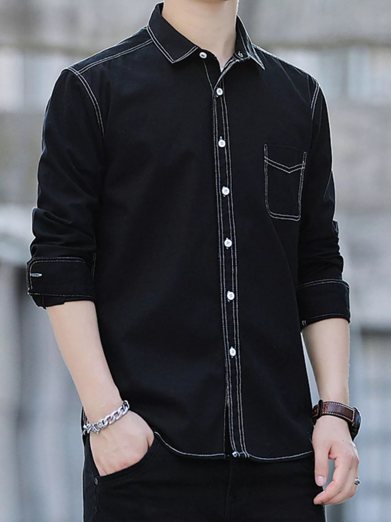 Men's Full Size Button Up Long Sleeve Shirt Plus Size - -