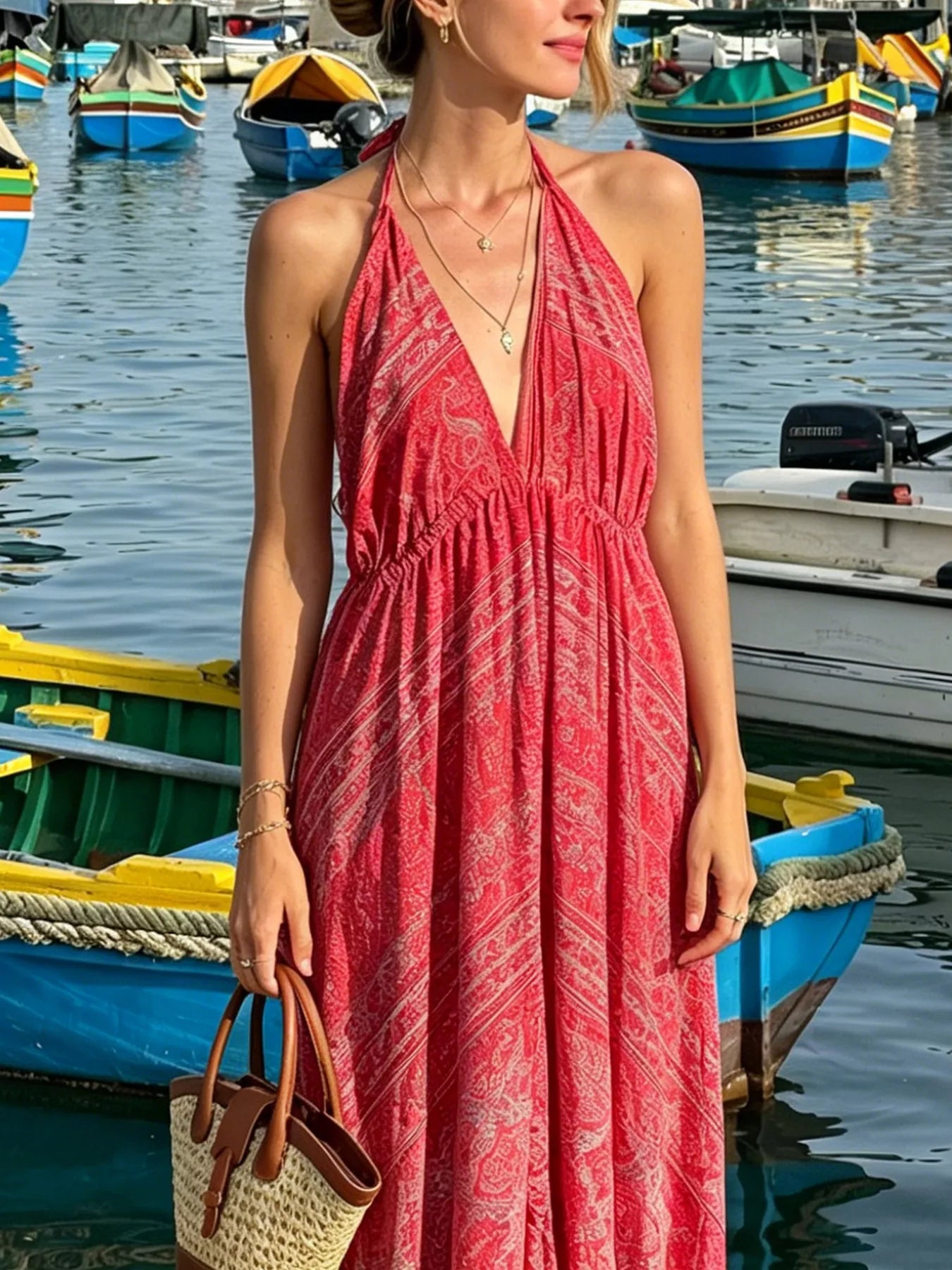 Tiered Halter Neck Maxi Dress - -
