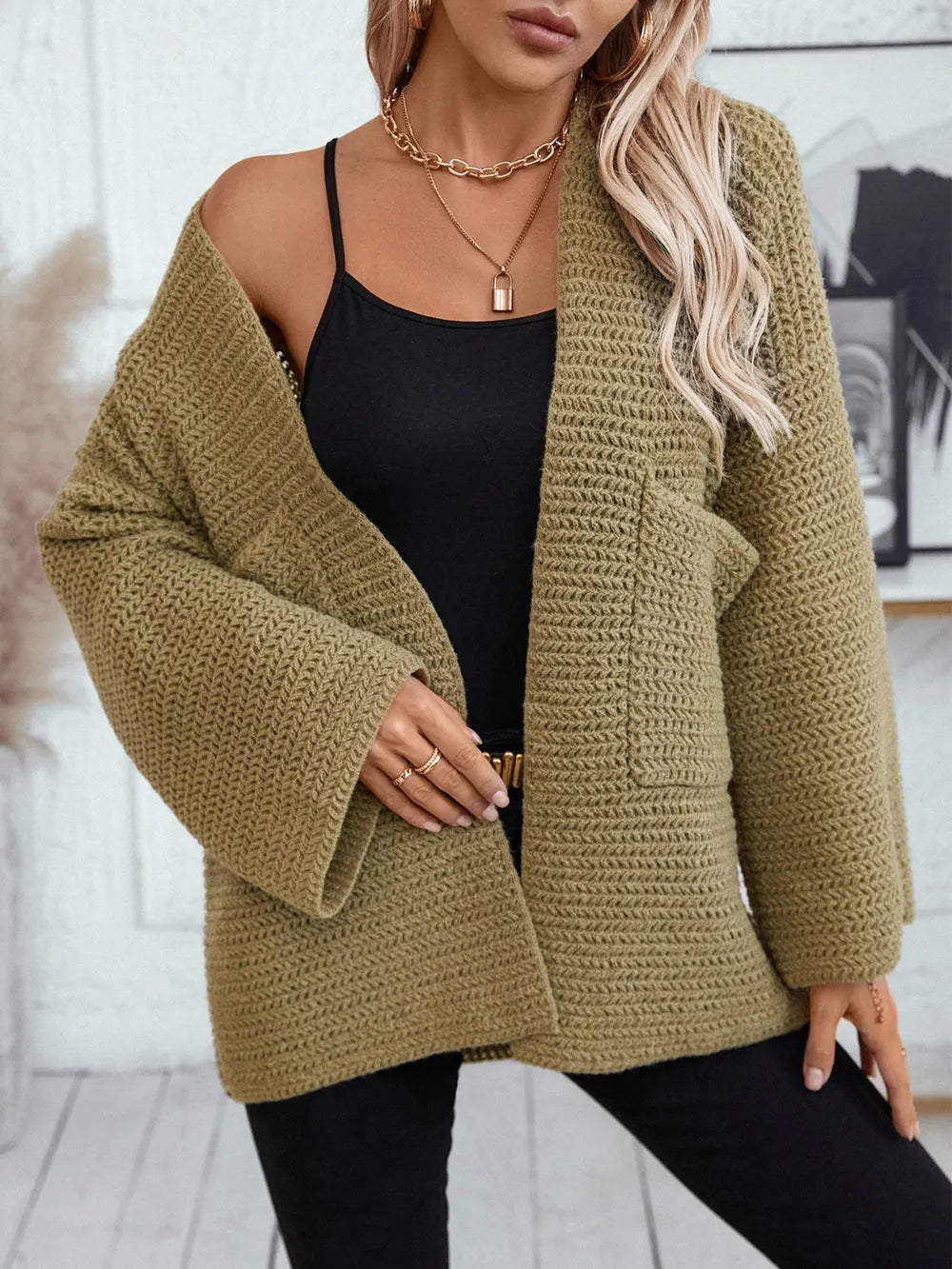 Open Front Long Sleeve Cardigan - -