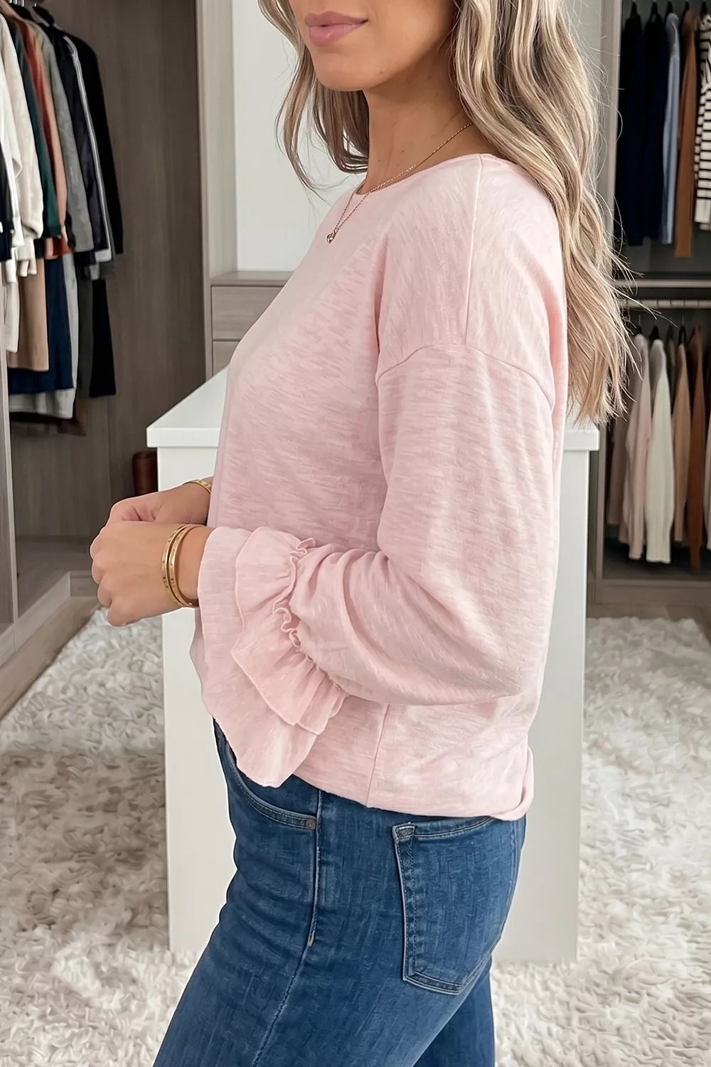 Long Sleeve Ruffle Cuff Casual Elegant Top - -