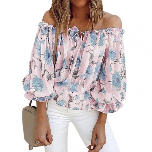 Womens Off-Shoulder Chiffon Print Long Sleeve Top - Pink XL - Women's Fashion - Women's Clothing - Tops & Tees