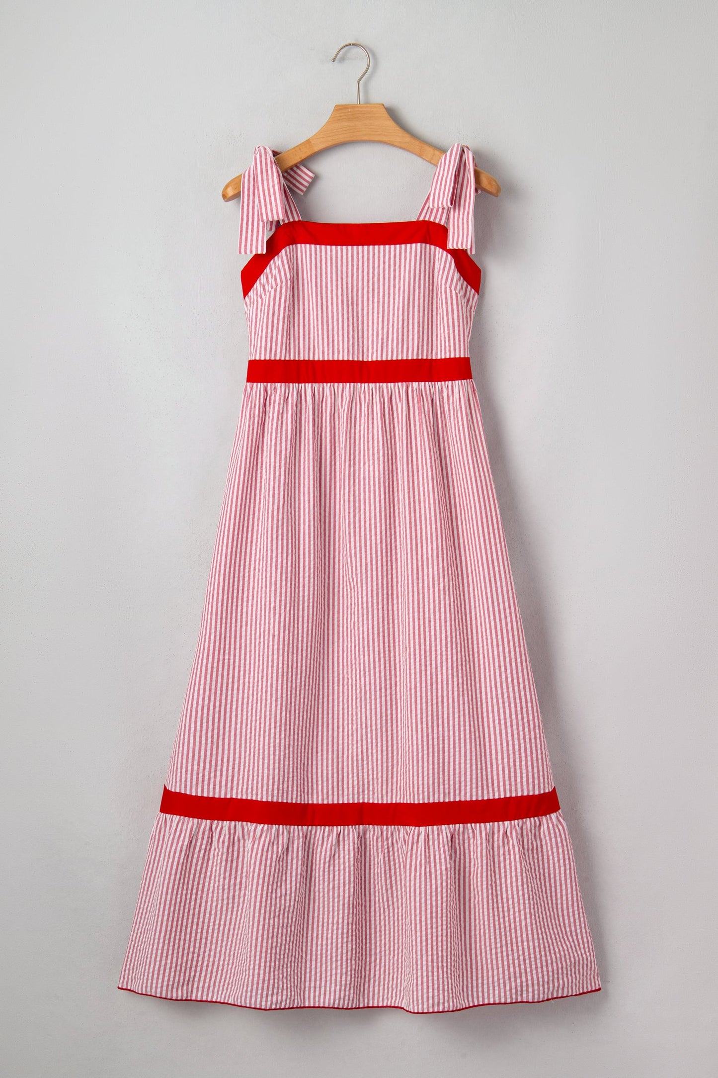 Red Stripe Bow Knot Straps Contrast Trim High Waist Ruffle Hem Maxi Dress- I am a Fashion Junky- {{Product type}}