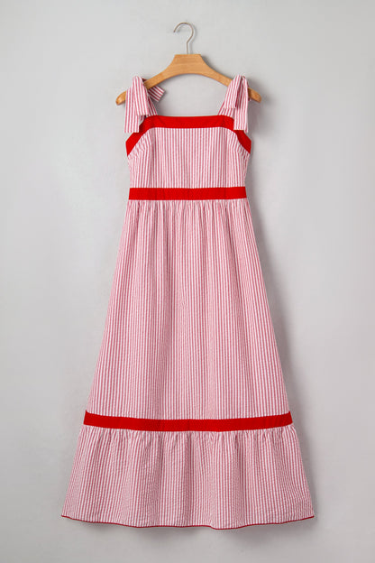 Red Stripe Bow Knot Straps Contrast Trim High Waist Ruffle Hem Maxi Dress- I am a Fashion Junky- {{Product type}}