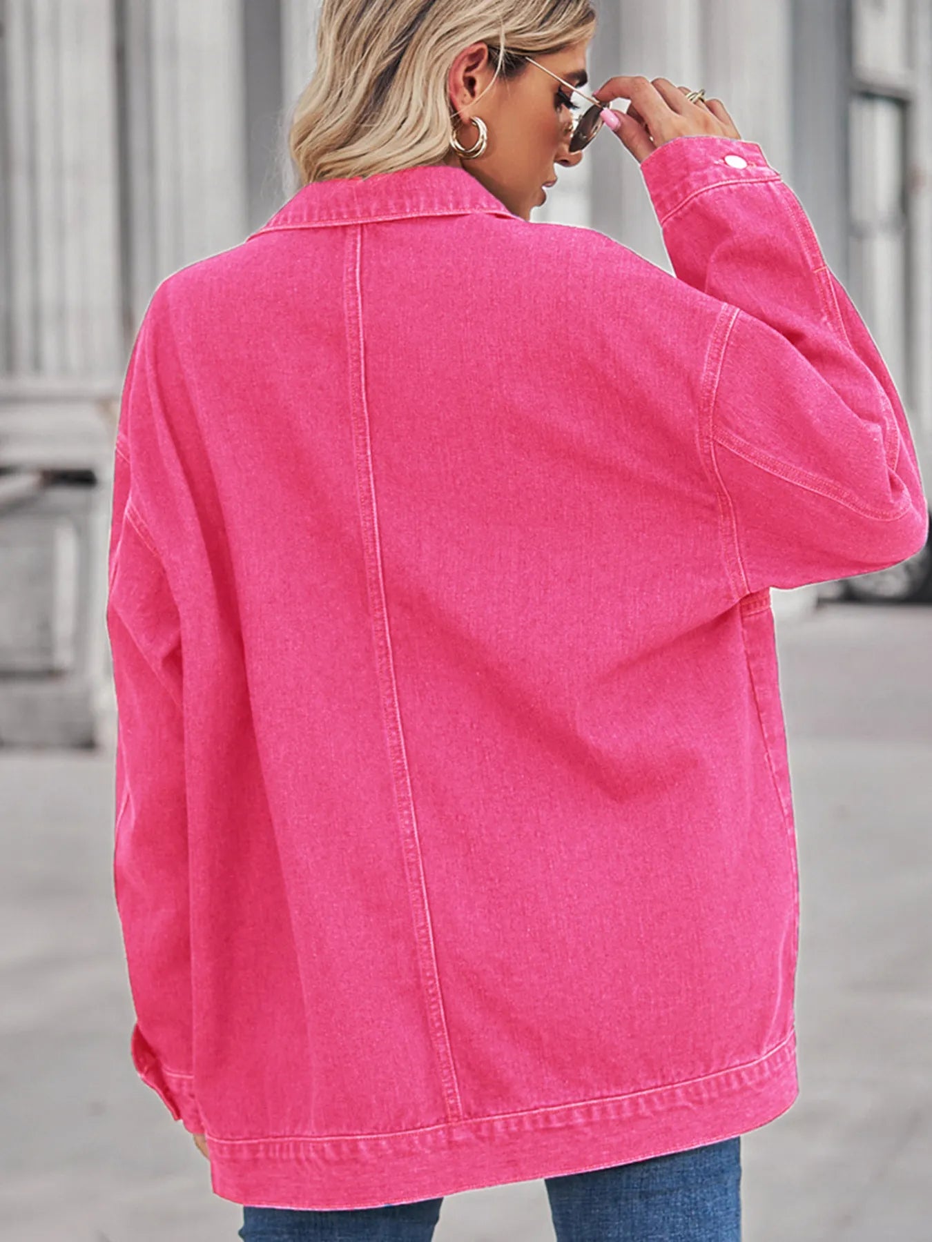 Button Up Long Sleeve Denim Jacket - -