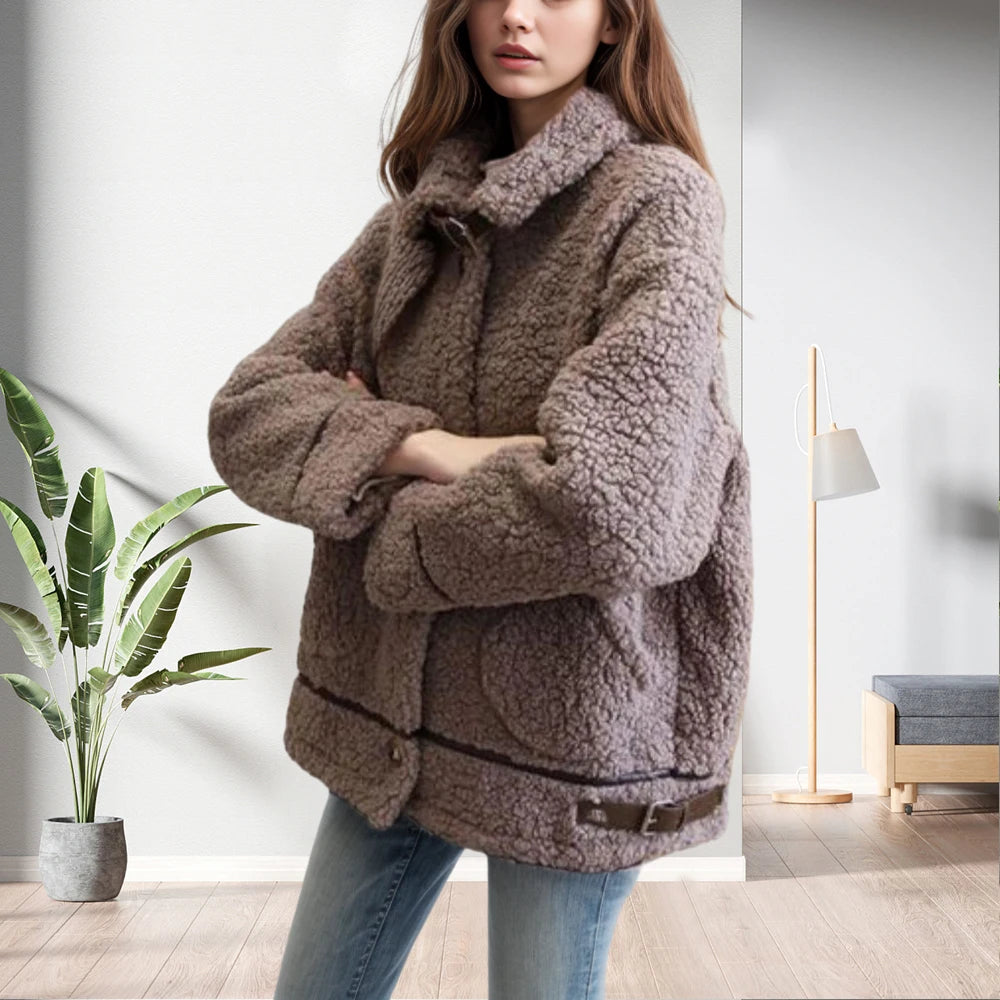 Fleece Solid Color Button Outerwear Warm for Women Coat