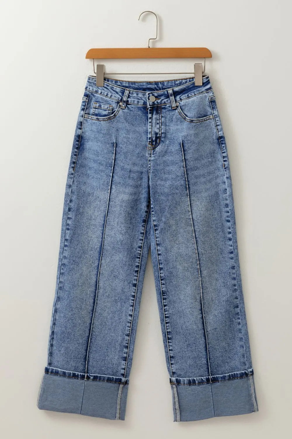 High-Waisted Wide-Leg Cuffed Jeans - -