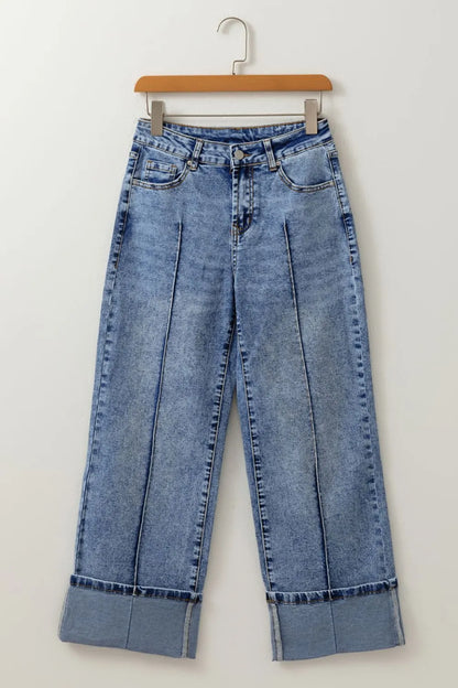 High-Waisted Wide-Leg Cuffed Jeans - -