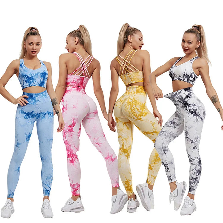 2 Piece Set Workout Clothing Seamless Tie Dye Exercise Running Fitness Set