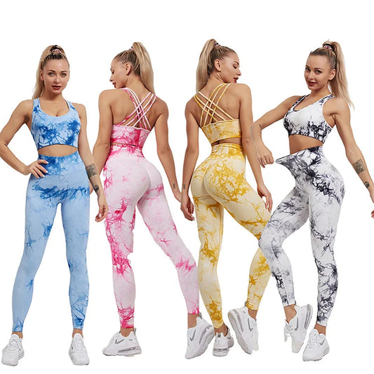 2 Piece Set Workout Clothing Seamless Tie Dye Exercise Running Fitness Set