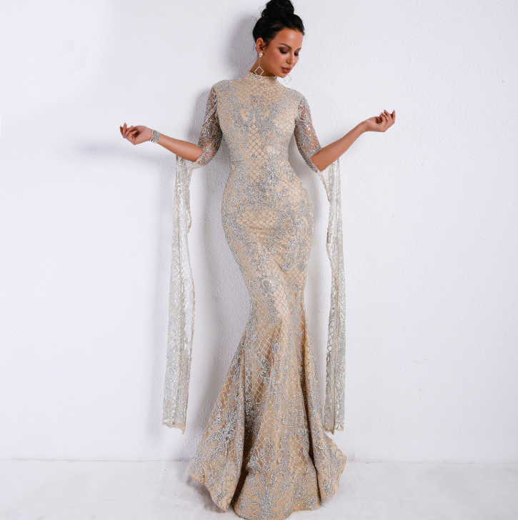 Sparkling High Neck Evening Gown - - dress