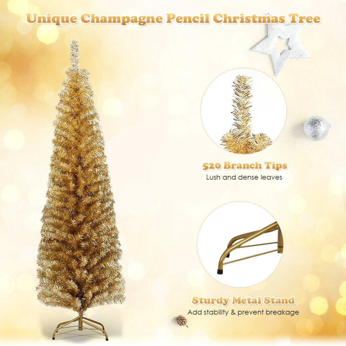 6 Feet Tinsel Tree Unlit Slim Pencil Christmas Tree - -