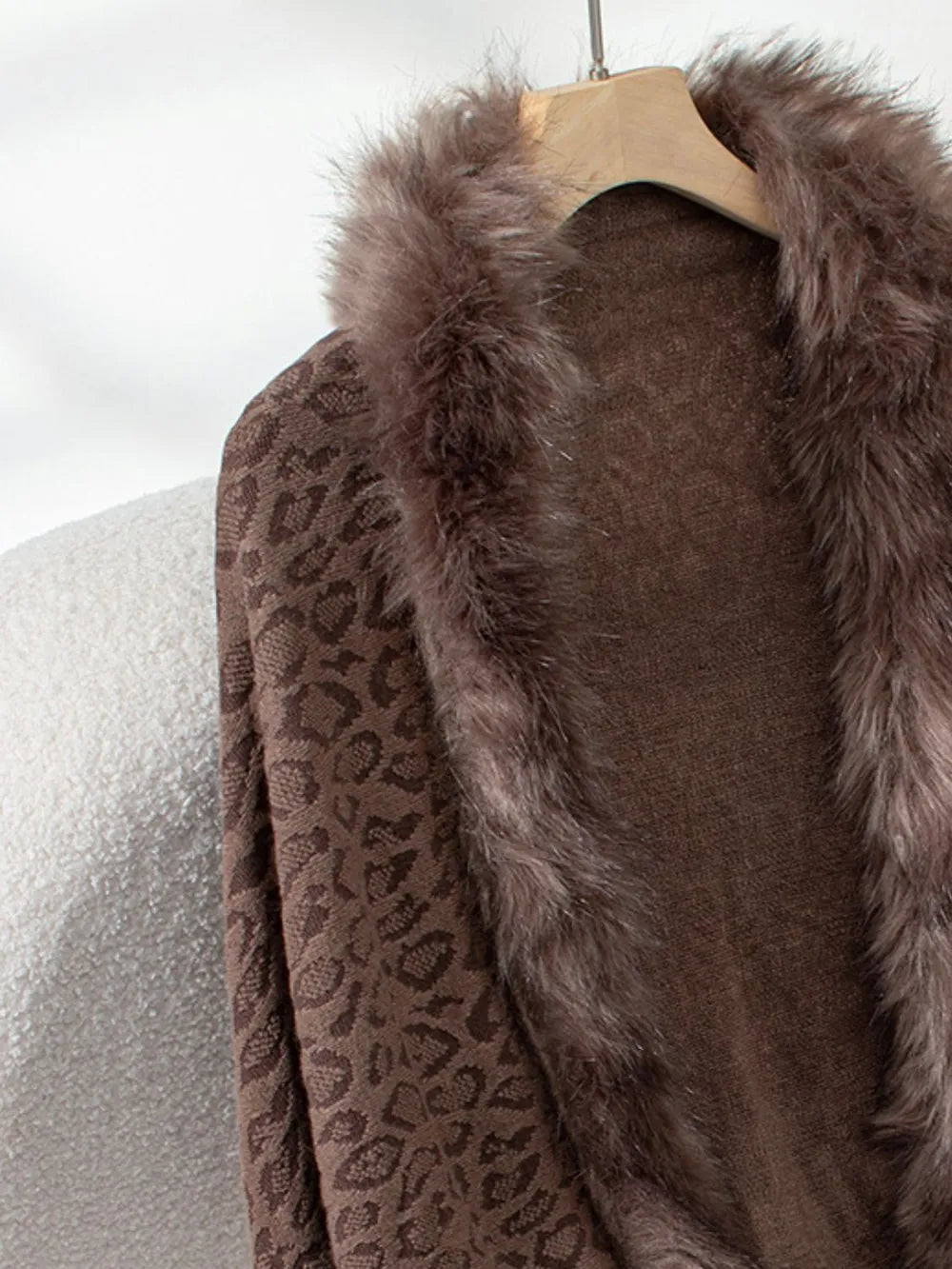 Fringe Leopard Open Front Long Sleeve Poncho - -