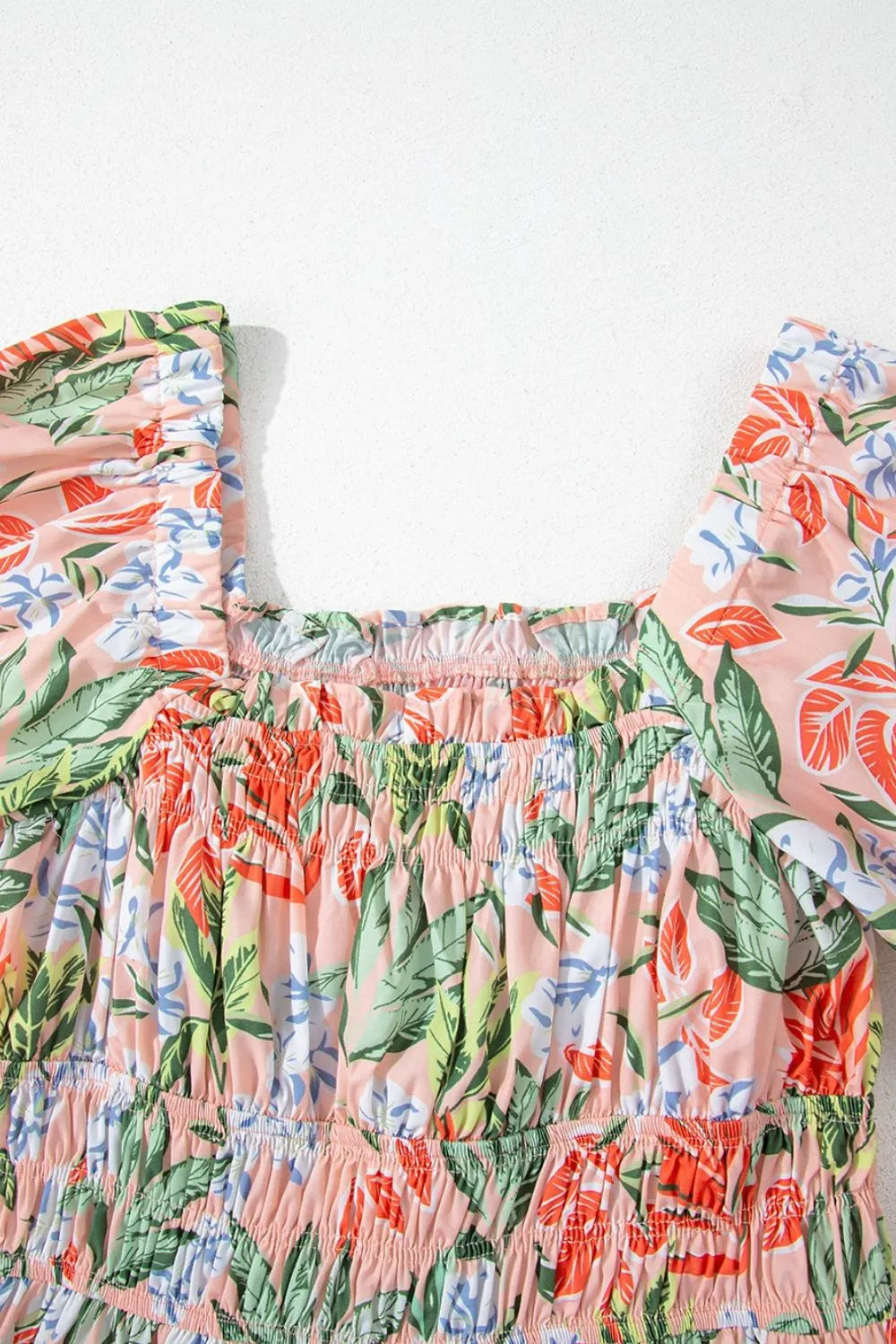 Floral Smocked Square Neck Puff Short Sleeve Midi Dress - -