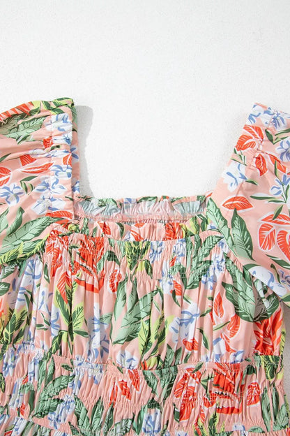 Floral Smocked Square Neck Puff Short Sleeve Midi Dress - -