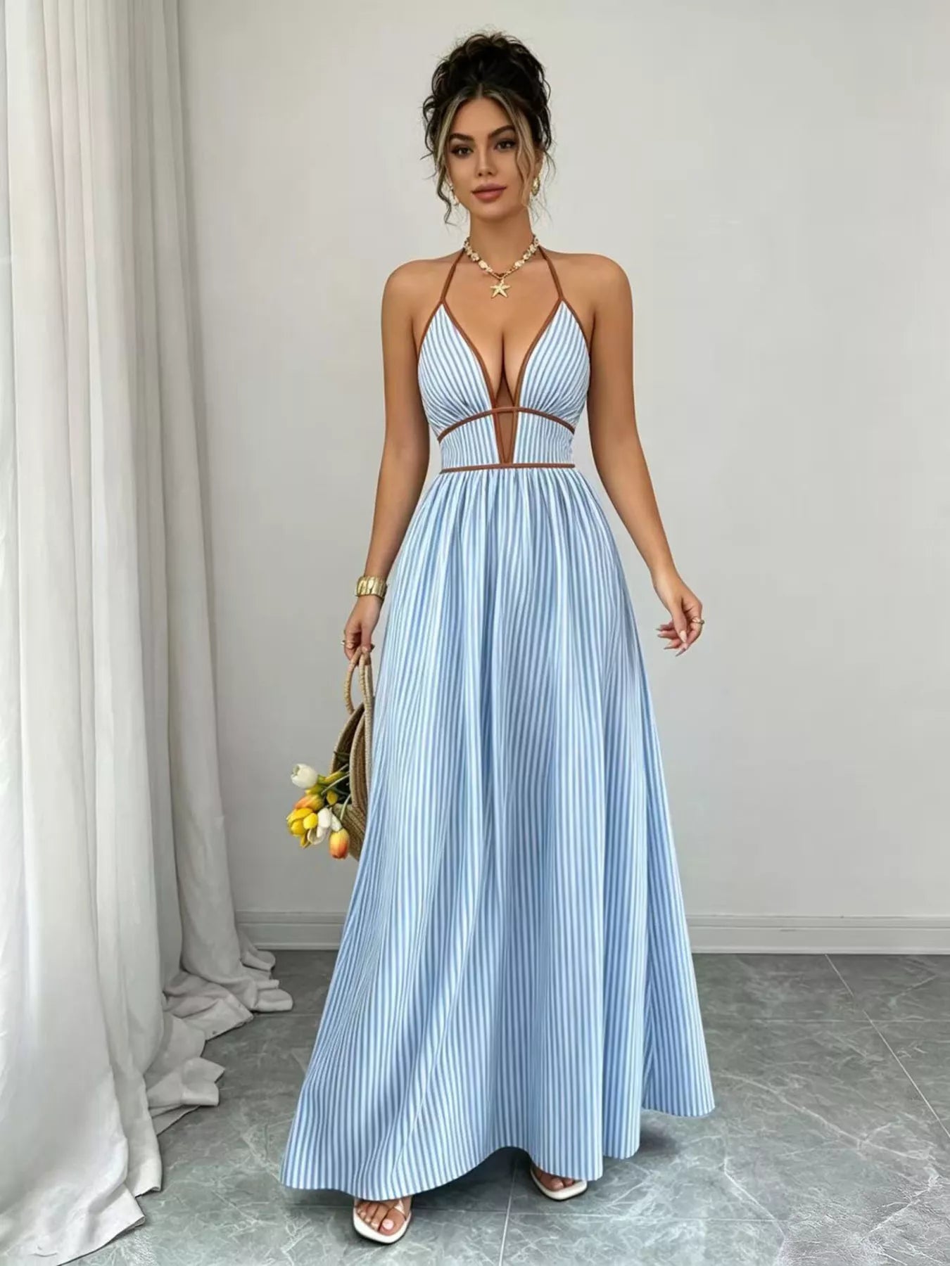 Striped Halter Neck Maxi Dress - -