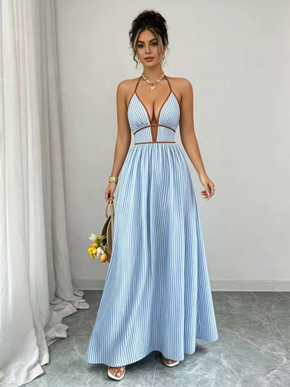 Striped Halter Neck Maxi Dress - -