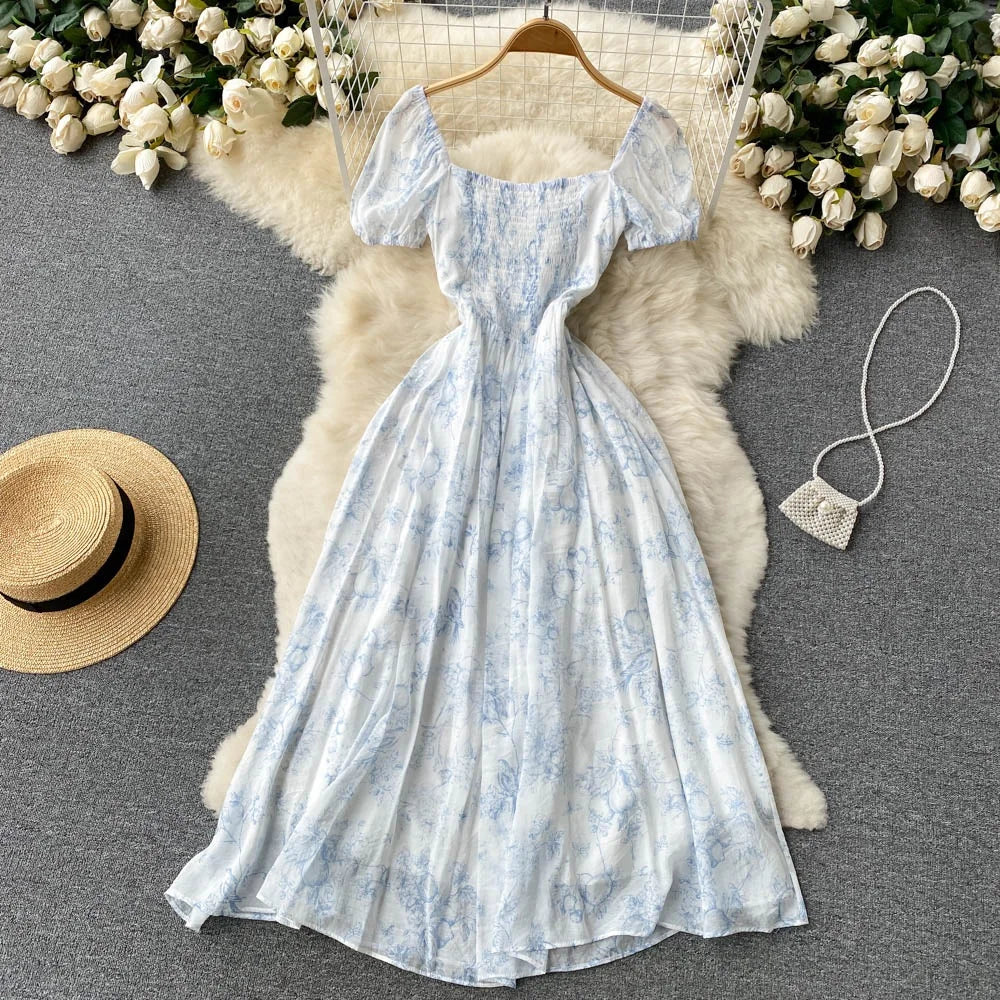 Floral Dresses Summer New Square Neck Vintage Dresses