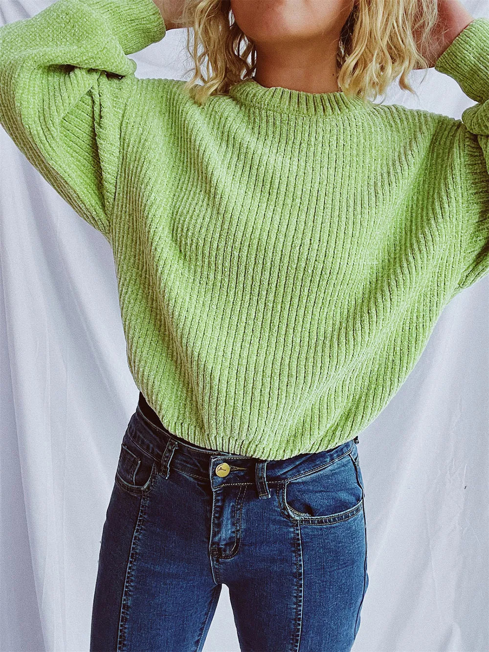 Round Neck Dropped Shoulder Long Sleeve Sweater - -