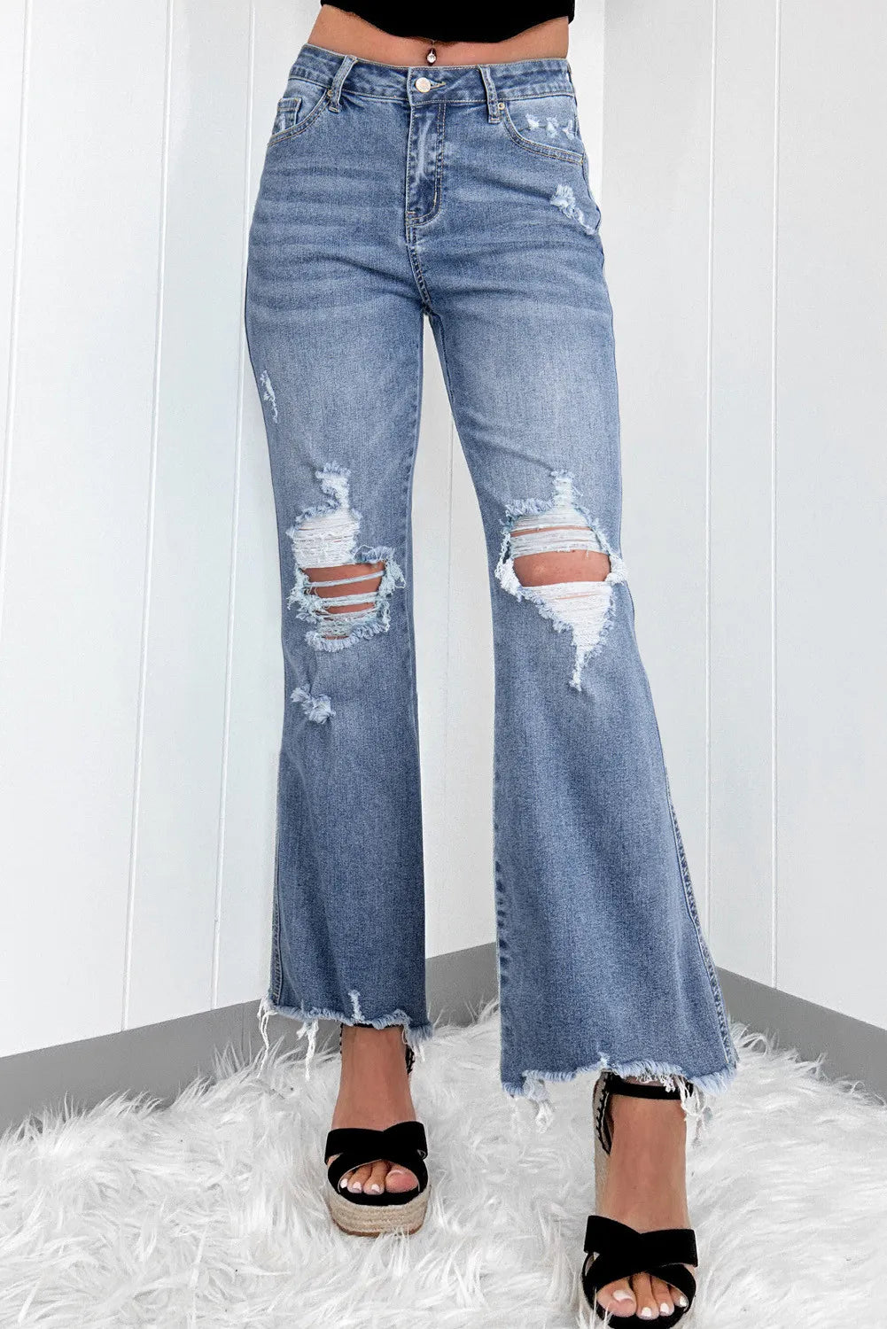 Distressed Raw Hem Bootcut Jeans - Medium -