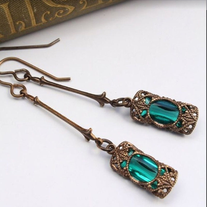 Long Vintage Gemstone Dangle Earrings in Antique Bronze - - earrings