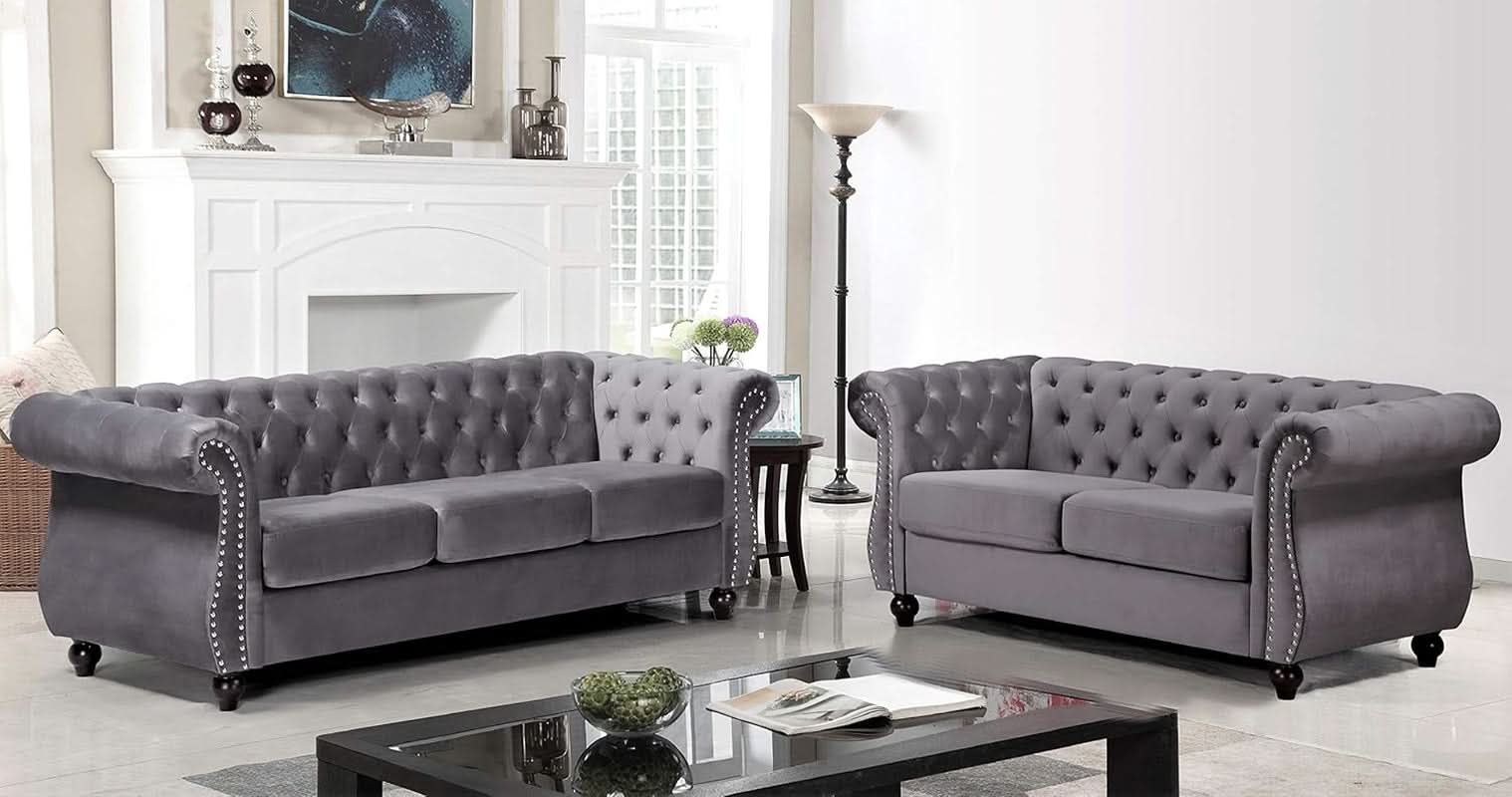 Gray Velvet Loveseat Modern Living Room Furniture Sofa- ShipItFurniture- {{Product type}}