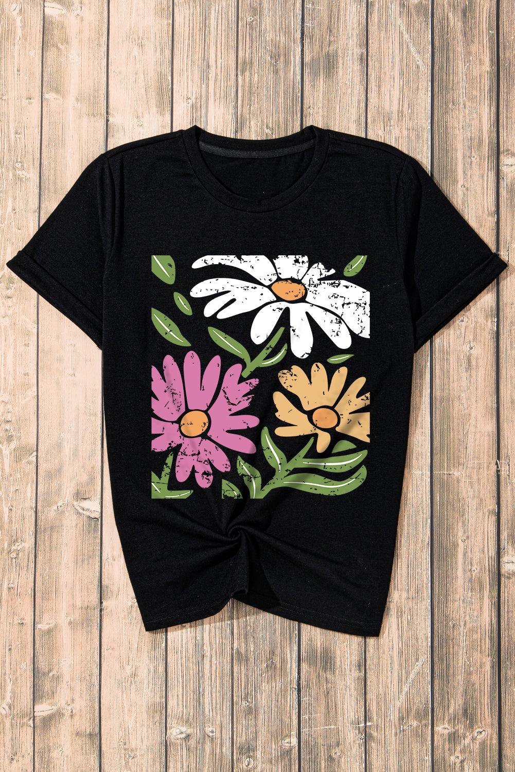 Black Retro Floral Print Crew Neck Casual T Shirt- I am a Fashion Junky- {{Product type}}