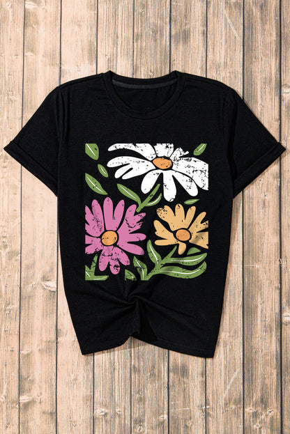 Black Retro Floral Print Crew Neck Casual T Shirt- I am a Fashion Junky- {{Product type}}
