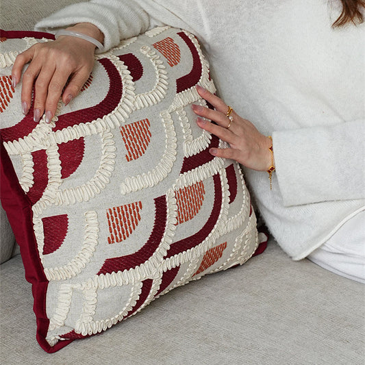 Mid-Century Wabi-Sabi Embroidered Red Jacquard Throw Pillow - - pillow