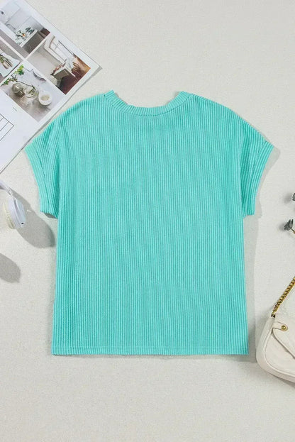Pink Corded Colorblock Pocket Crew Neck T Shirt - - T Shirts