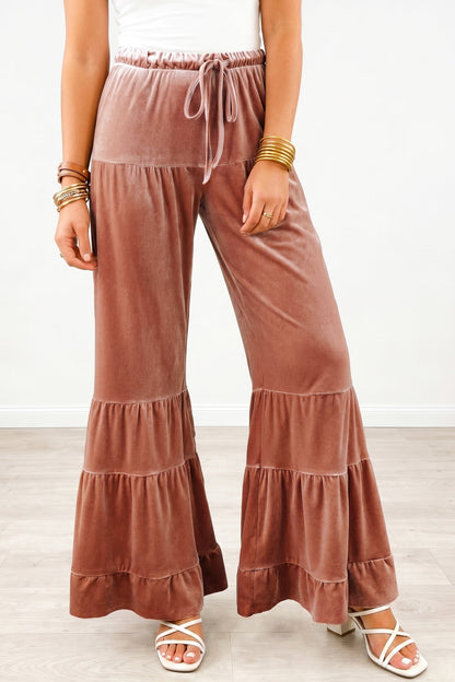 Straw Yellow Mineral Wash Lace-up High Waist Tiered Bell Bottom Pants - - Bottoms/Pants & Culotte