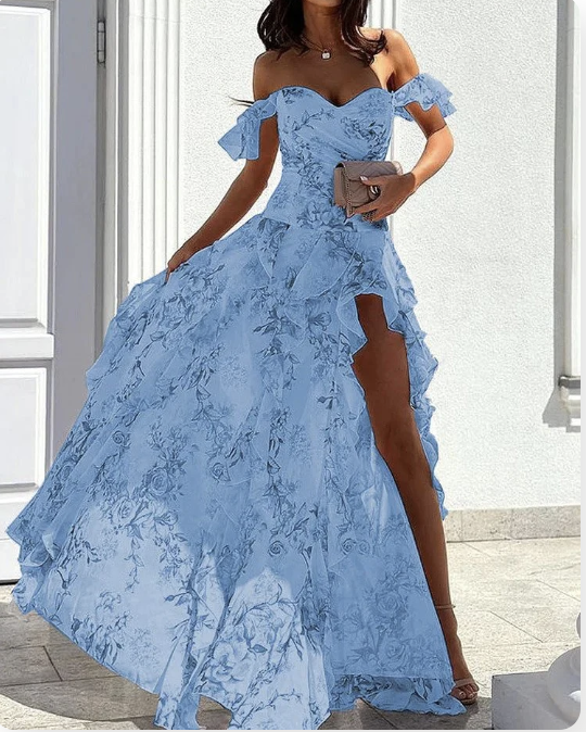 Summer Off-Shoulder Sleeveless Split Waist Skirt - Blue 2XL - dress
