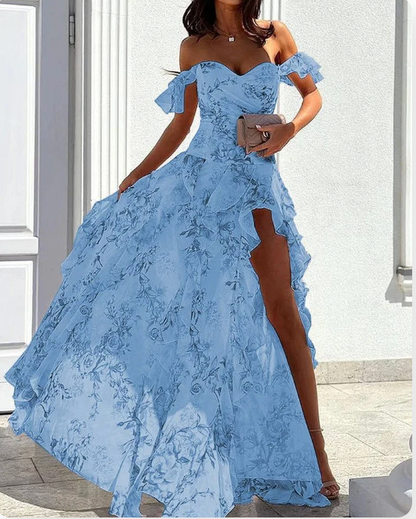 Summer Off-Shoulder Sleeveless Split Waist Skirt - Blue 2XL - dress