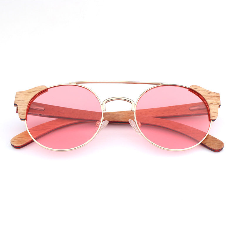 Bamboo Custom Retro Round Frame Sunglasses - Beech interlayer-translucent pink - sunglasses