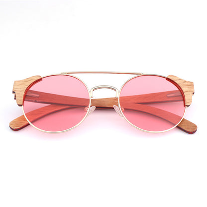 Bamboo Custom Retro Round Frame Sunglasses - Beech interlayer-translucent pink - sunglasses